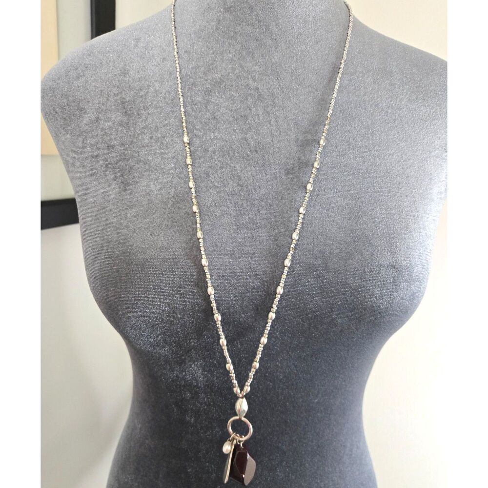 Vintage Artisan Mixed Charm Long Beaded Necklace Hammered Silver Pearl 32"